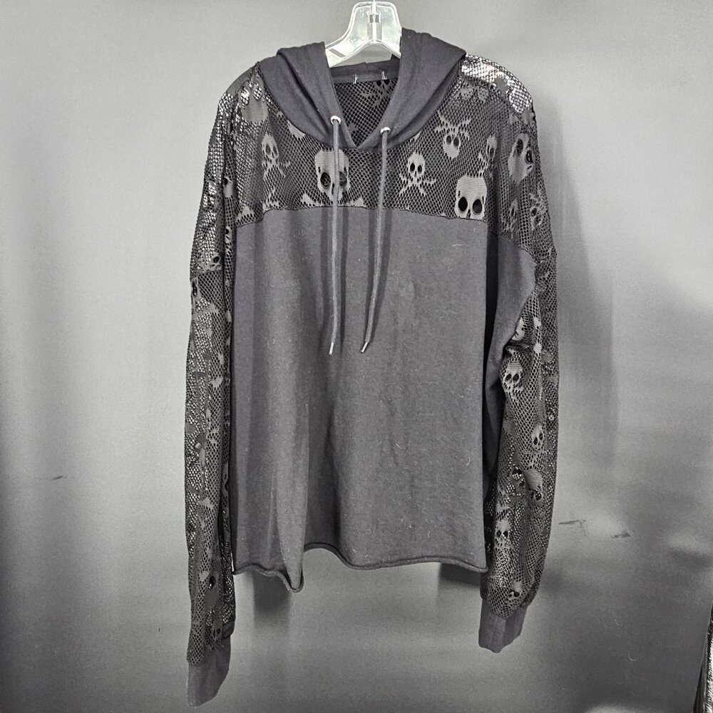 Skull Crossbones Mesh Hoodie Shirt Womens 2XL XXL Black Sheer Goth Punk Rock - Picture 4 of 13